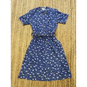 Vintage Blue White Floral Drapers & Damons Shirt Waist Dress Size 14 Petite